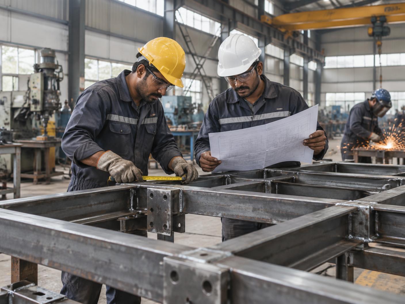 Fabrication professionals checking measurements against an engineering drawing